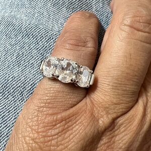 Silver Tone CZ Three Stone Oval & Round Ring Size 4.75